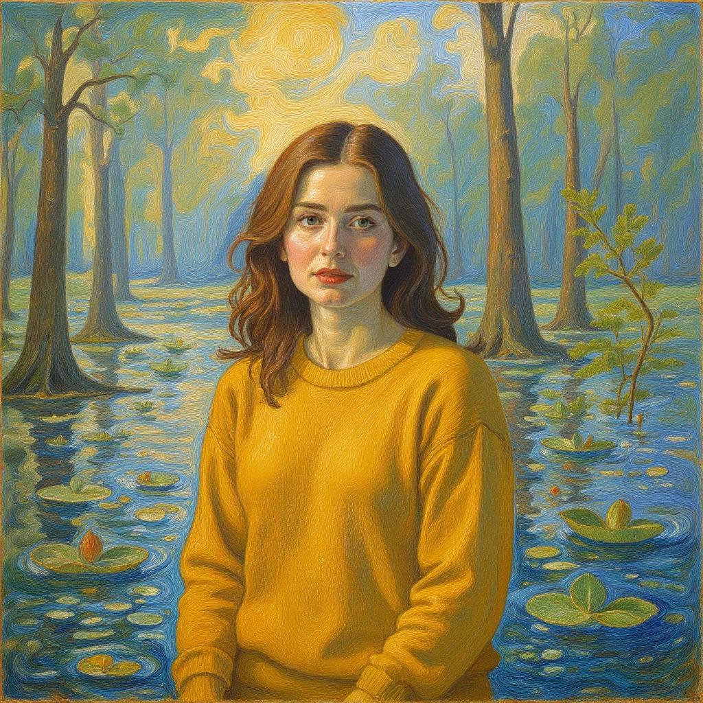 Turn this into Monet impressionist oil painting with water lilies and reflective surfaces